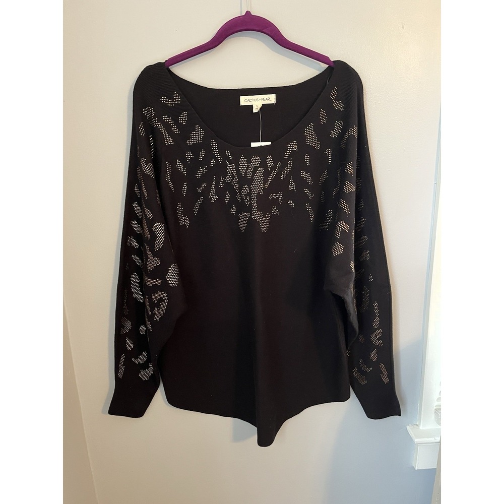 CACTUS + Pearl Women's Top Sweaters Long Sleeve Crew Neck ‎ Black Sequin Sz. M